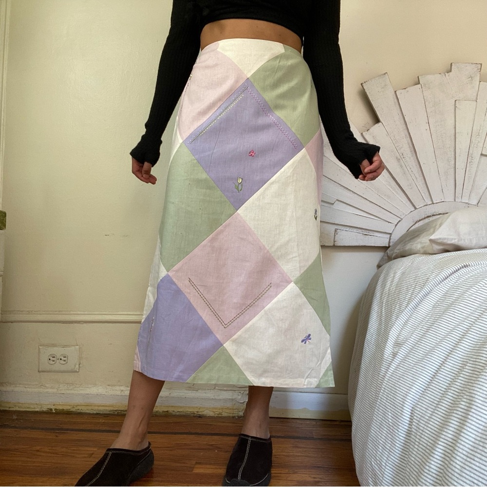 Vintage 90s Cottagecore Embroidered Patchwork Color Block Skirt